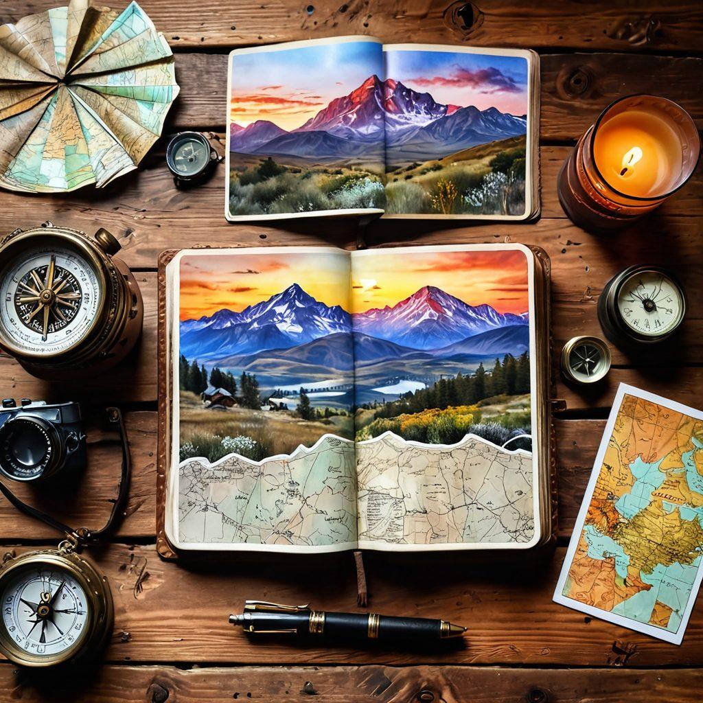 A beautifully crafted leather journal lies open on a rustic wooden table, overflowing with hand-drawn maps and travel photographs. In the background, a breathtaking mountain landscape with a vibrant sunset sets an adventurous tone. Scattered around are vintage postcards from different countries, and an ornate compass. Soft, warm lighting adds a cozy, inviting atmosphere. watercolor style. warm tones. vignette effect.