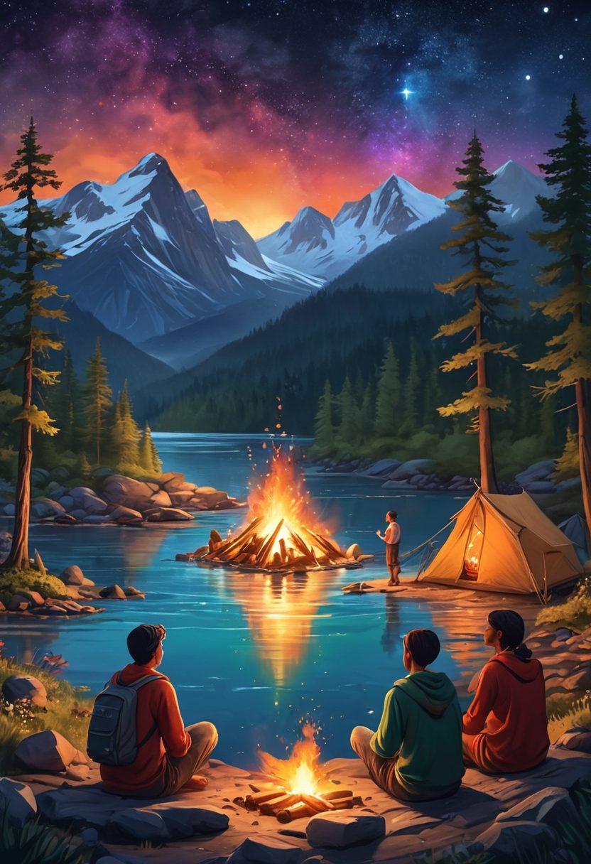 A captivating travel scene featuring a diverse group of travelers sharing stories around a campfire under a starlit sky, surrounded by breathtaking landscapes like mountains, forests, and a shimmering ocean. Illustrate their animated expressions, rich cultural attire, and props like journals and maps, creating an inviting atmosphere. Emphasize the warmth of the fire and twinkling stars above. vibrant colors. enchanting storytelling elements. 3D.
