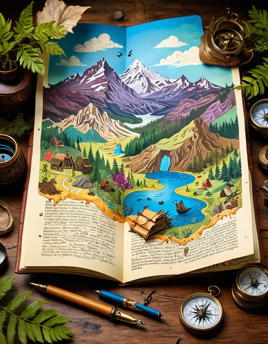 A treasure map unfolding in the foreground, with vivid illustrations of mythical creatures, mountains, and forests. An open journal filled with handwritten notes about adventures sits beside an old compass. A quill pen drips ink, hinting at stories yet to be told. The background features a magical landscape, inviting imagination and exploration. whimsical art. vibrant colors. 3D.